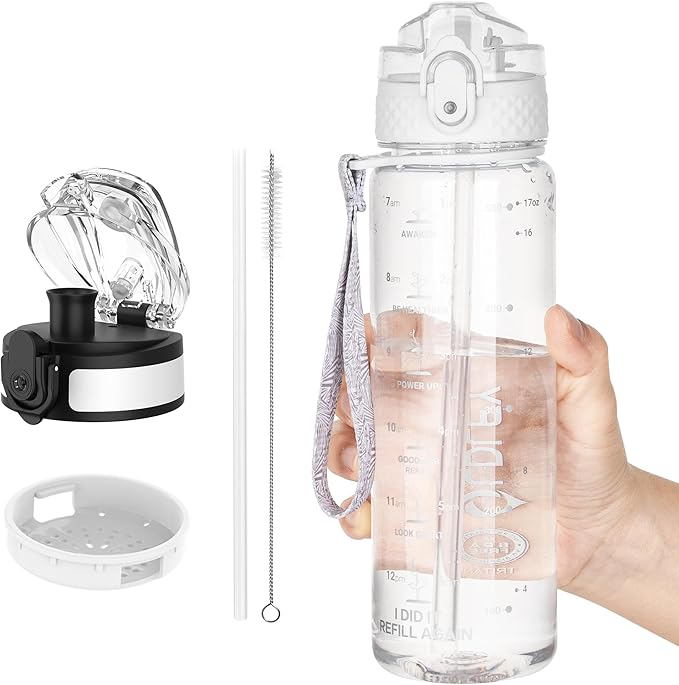 OLDLEY Kids Water Bottle for School, 17 oz (2 lids) BPA-Free Reusable Leak-proof Durable Tritan Plastic Water Bottles with Straw & Chug Lids, Anti-dust Spout Cover (Clear)