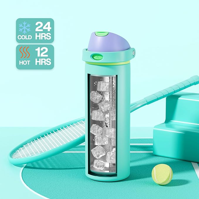 POWCAN 24 oz Insulated Water Bottle: 2-in-1 Push-Button Spout & Quick-Flip Straw, Leakproof, Cold 24Hrs, Fits Car Cup Holder, Stainless Steel Sports Water Bottle, Gift for Women, Girls (Sea Princess)