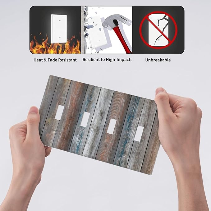 Light Switch Cover Vintage Blue Grey Wood Plank 4 Gang Switch Plate Quad Toggle Wall Plates Rustic Country Decorative Switchplate Electrical Outlet Cover Plates for Farmhouse Home Decor
