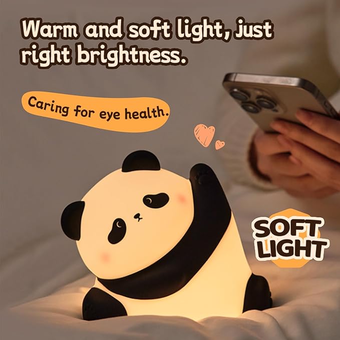 Panda Night Light for Kids, Cute LED Squishy Nursery Night Light 3 Level Dimmable Lamp, Silicone Animal Nightlight USB Charging Port Bedside Table Lamp for Toddler Baby Kids Funny Gifts Bedroom Decor