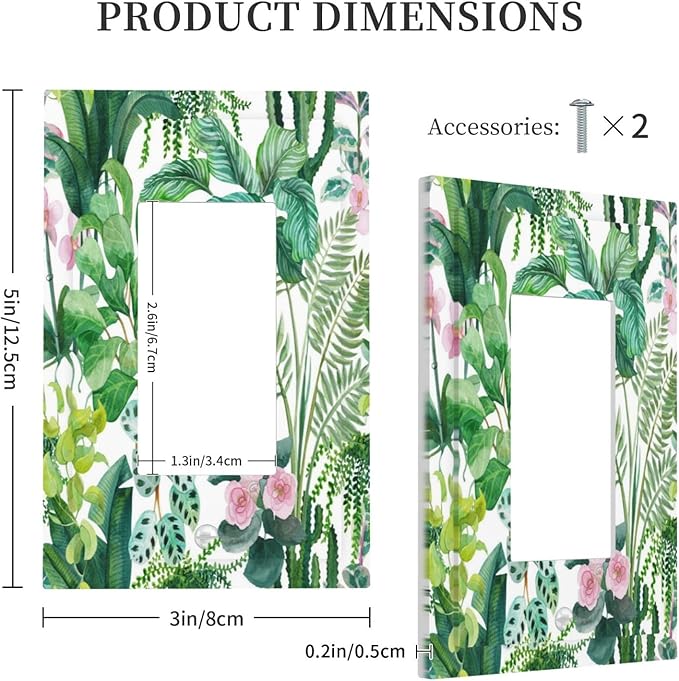 Tropical Palm Leaves Green Jungle Botanical Floral Flowers Decorative Outlet Covers 1 Gang Single Rocker Light Switch Cover Plate Wall Plates GFCI Faceplate for Bedroom Living Room Decor