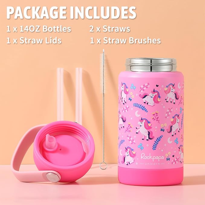 rockpapa 14 oz Kids Insulated Water Bottle，Stainless Steel Toddler Cups with Straws, BPA Free, Leak-Proof, Kids Water Bottle for School Boys& Girls (Pink Unicorn)