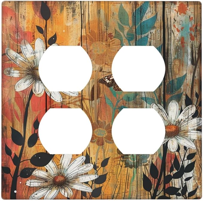 Decorative Outlet Covers Vintage Wooden Daisies Butterflies Floral 2 Gang Decorative Switch Plate Double Duplex Wall Plates Switch Plates and Outlet Covers for Bathroom Farmhouse Decor