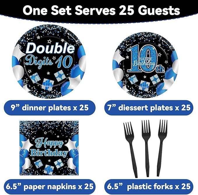 Qyeahkj 100 Pcs 10th Birthday Decorations for Boys Official Teen 10th Supplies Plate Napkin Forks Set Disposable Blue 10th Birthday Tableware Paper Plates Dinnerware for Kids Teenager Favors Serve 25