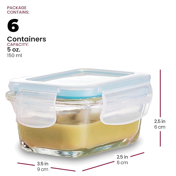 FineDine Small Glass Meal Prep Food Storage Container - Airtight, Leakproof, Microwave & Dishwasher Safe - Perfect for Snacks, Dips, 6 Count - Teal