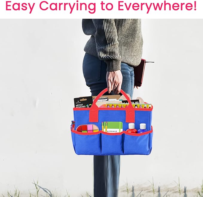 Godery Desktop Tote and Organizer, Teacher Helper Bag for Arts, Books, Stationery, Office Desk, Make-up Storage with Handles for Travel (Blue)