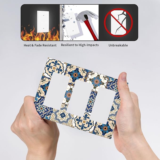 Light Switch Covers Mandala Decorative Tile Talavera Moroccan Tiles 3 Gang Rocker Electrical GFCI Decorative Triple Outlet Wall Plate Cover Switchplate for Bedroom living Room Decor