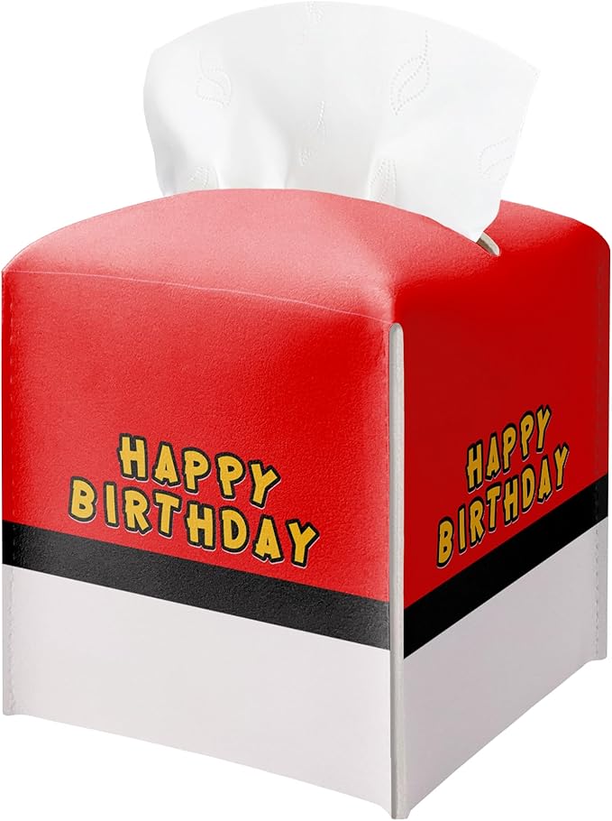 Happy Birthday Tissue Box Cover, Red and White Tissue Box Holder Square Leather Facial Paper Organizer, Themed Birthday Party Baby Shower Tableware Decorations