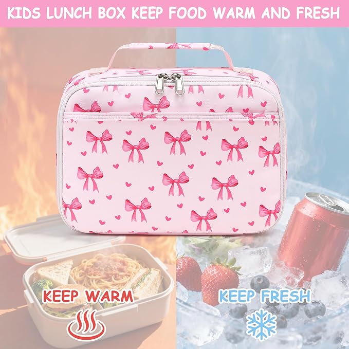 LOIDOU Lunch Box for Kids Boys Girls Insulated Lunch Bag Thermal Meal Tote Reusable Lunch Pail Bags for School Travel (Bow Tie Pink)