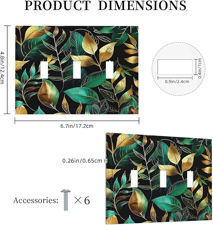 Decorative Switch Plates Vintage Dark Green Vine Leaf Golden Plants 3 Gang Wall Plate Triple Toggle Light Switch Cover Faceplate Electrical Wall Panels for Bed Room Cabin Decor
