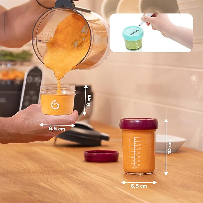 Babymoov Baby Glass Food Jars, Set of 8 (4 x 4oz + 4 x 8oz), BPA-Free Borosilicate Glass Storage Containers, Leakproof Lids, Microwave, Freezer & Dishwasher Safe, Baby Registry Essential