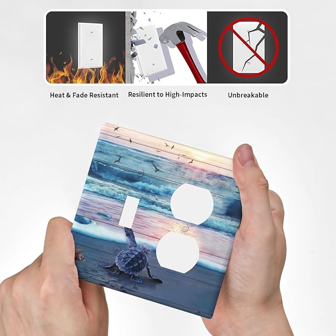 2-Gang 1-Toggle 1-Duplex Combination Wall Plate Nautical Ocean Teal Blue Beach Turtle Sea Life Coastal Starfish Sunset Two Combo Double Device Toggle/Outlet Receptacle Light Switch Face Plate Cover