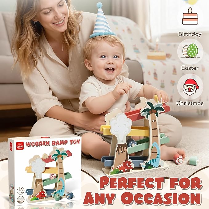 Lehoo Castle Wooden Car Ramp Toys for 1 Year Old Boy Birthday Gifts, Dinosaur Montessori Toys for 1 2 Year Old, Wooden Race Track with 4 Rollers Toddler Toys for 2 Year Old Boy