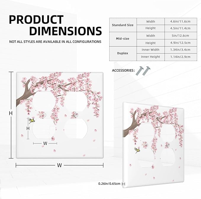 Pink Flower Tree Branch Cherry Blossom Tree Floral Birds Outlet Covers 2 Gang Double Duplex Decorative Light Switch Covers Electrical Wallplates Socket Faceplate for Bedroom Living Room Decor
