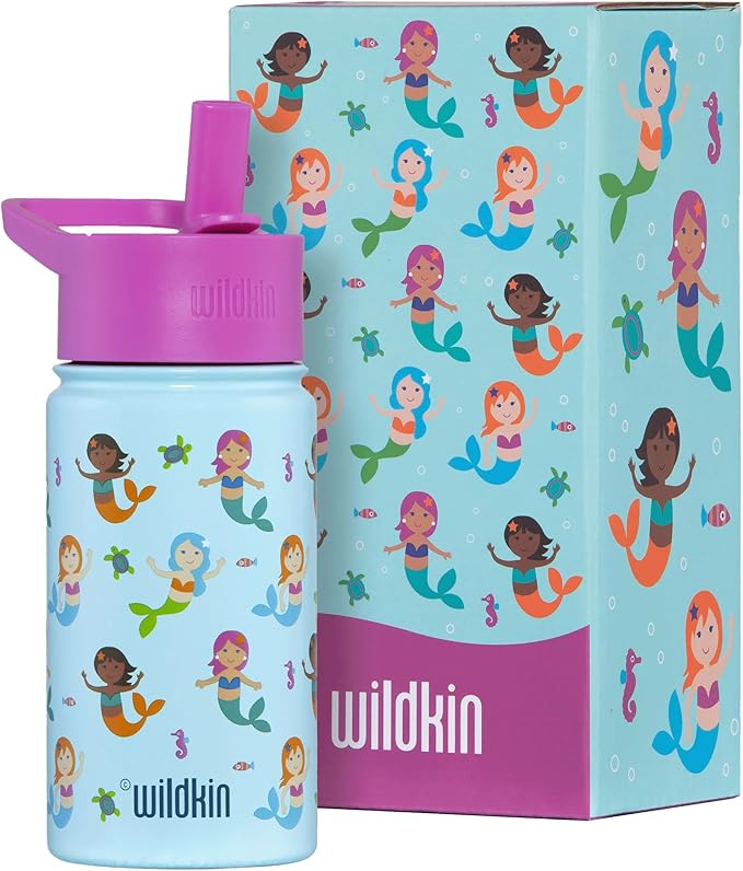 Wildkin Kids 14oz Stainless Steel Water Bottle – BPA-Free, Leakproof, Insulated, Easy-Clean - Mermaids