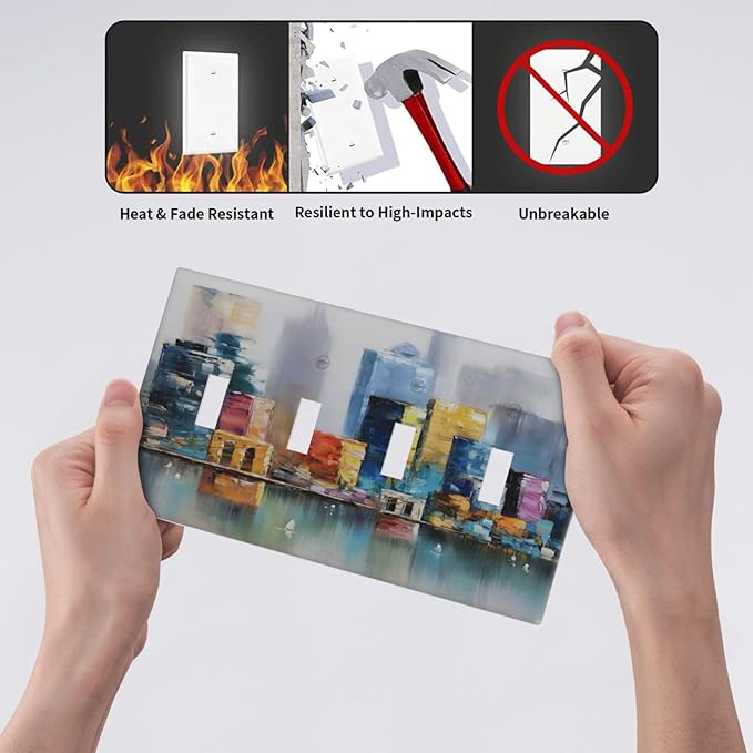 Colorful Nyc Skyline Textured Modern Abstract Light Switch Covers Quad Toggle Electrical Faceplate 4 Gang Wall Plate Decorative Switch Plates Cover for Bedroom Living Room Decor