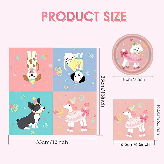48Pcs Dog Birthday Party Supplies Set - Cute Puppy Themed Paper Plates & Napkins, Serves 24 Guests, Disposable Pet Party Tableware for Kids Birthday Baby Shower Table Decor