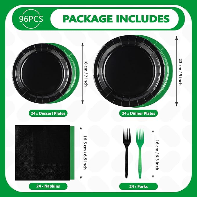 Grencian 96Pcs Green and Black Birthday Decorations Graduation Party Plates and Napkins Solid Color Disposable Heavy Duty Green and Black Tableware Set for Graduation Decorations 2026