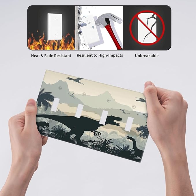 Light Switch Covers Prehistoric World Dinosaur Cartoon Fores Quad Toggle Electrical Faceplate 4 Gang Wall Plate Decorative Switch Plates for Kids Room Nursery Decor