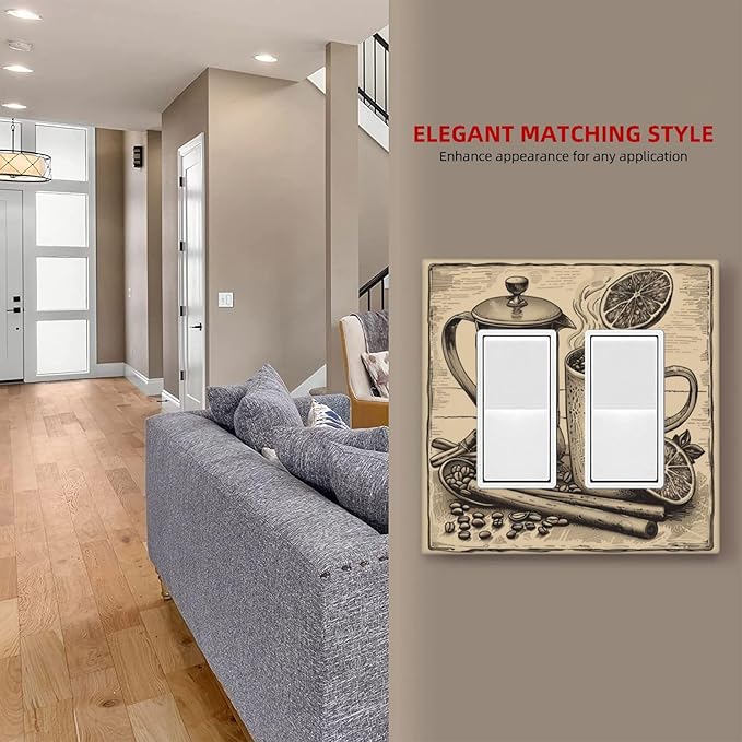 Light Switch Cover Plate Beige Vintage Rustic Coffee Beans Spice 2 Gang Double Rocker Outlet Covers Decorative Switch plates Electrical Wall Plates GFCI Receptacle for Kitchen Coffee Bar Decor