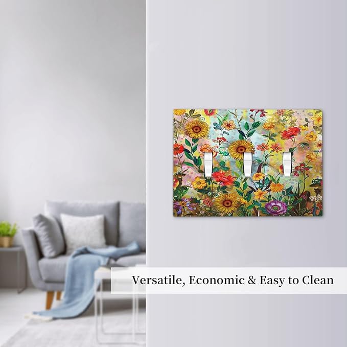 Fall Colorful Sunflower Floral 3 Gang Light Switch Cover Triple Toggle Wall Plates Decorator Receptacle Outlet Covers Electrical Switchplate Faceplate for Bedroom Bathroom Kitchen Decor