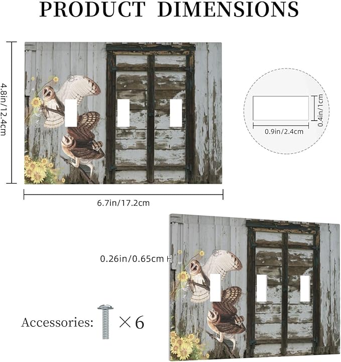 Vintage Brown Blue Old Wooden Door Triple Toggle Light Switch Cover 3 Gang Wall Plate Decorative Antique Barn Door with Owls Sunflower Electrical Facplate for Bathroom Kitchen Home 6.7" x 4.8"