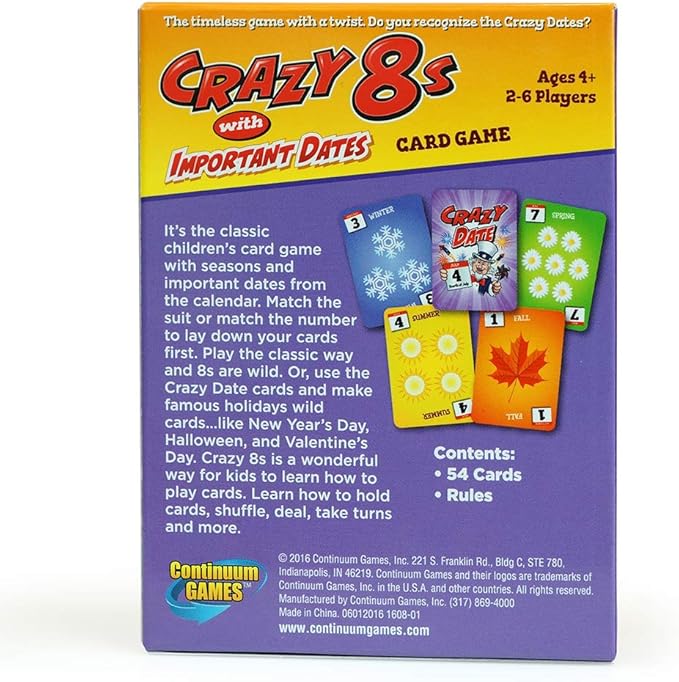 Continuum Games Crazy 8s with Important Dates Card Game - Kids Age 4 and Up