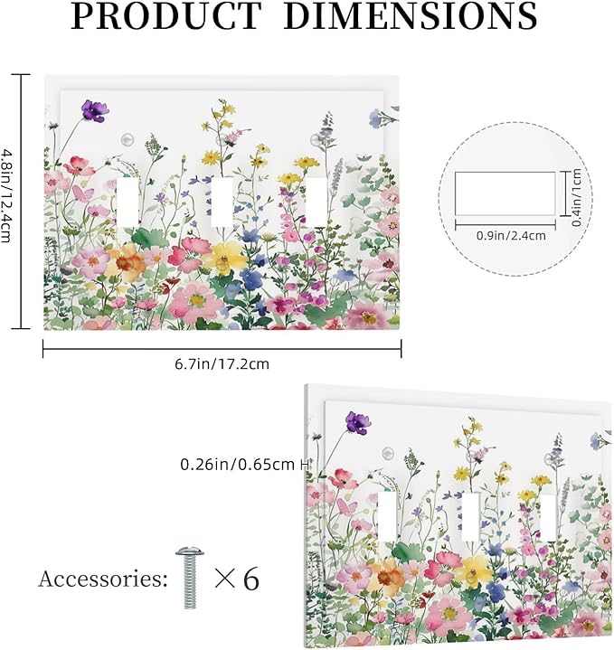 Decorative Switch Plates Boho Colorful Flowers Plant Rustic Wildflower 3 Gang Wall Plate Triple Toggle Light Switch Cover Faceplate Electrical Wall Panels for Bed Room Bathroom Decor