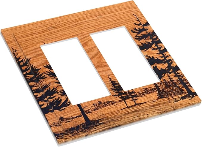 Pine Forest Natural Scenery Silhouette Wood Grain Decorative Outlet Covers 2 Gang Double GFCI Rocker Electrical Wall Panels Light Switch Cover Plate for Farmhouse Home Decor