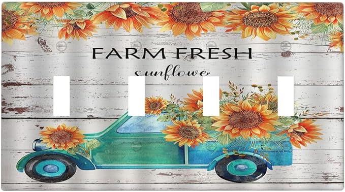 Decorative Switch Plate Covers Teal Farm Truck Pulling Sunflowers 4 Gang Wall Plate Light Switch Cover Plate Quad Toggle Jumbo Electrical Faceplate for Farmhouse Bathroom Bedroom Home Decor