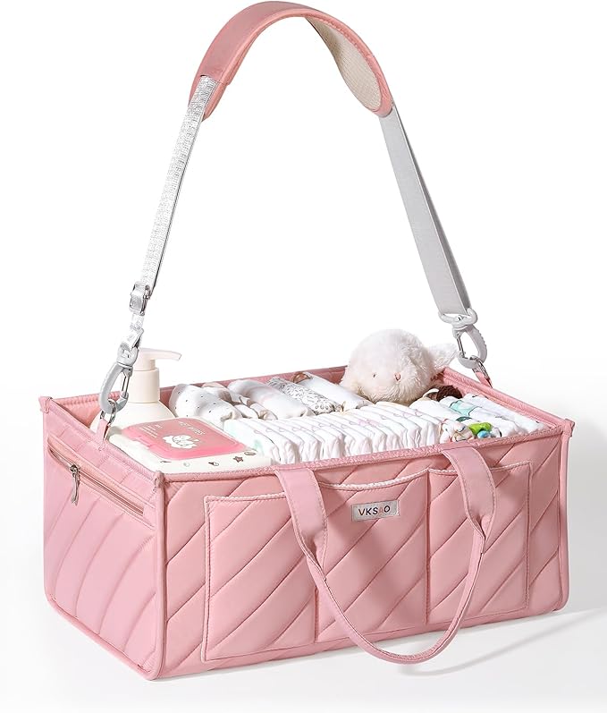 Extra Large Diaper Caddy Organizer – Big Nursery Storage Basket with Zipper Pocket, Shoulder Strap & Stroller Hooks, Water-Resistant Travel Tote for Twins, Gift for Baby Shower, Blush Pink