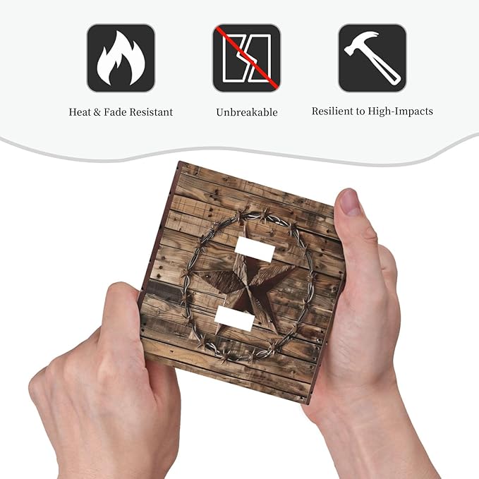 Outlet Covers Rustic Star Western Cowboy Wood 1 Gang Duplex Light Switch Cover Plate Decorative Wall Plates Electrical Switchplate Receptacle for Farmhouse Home Decor（2 Pack）