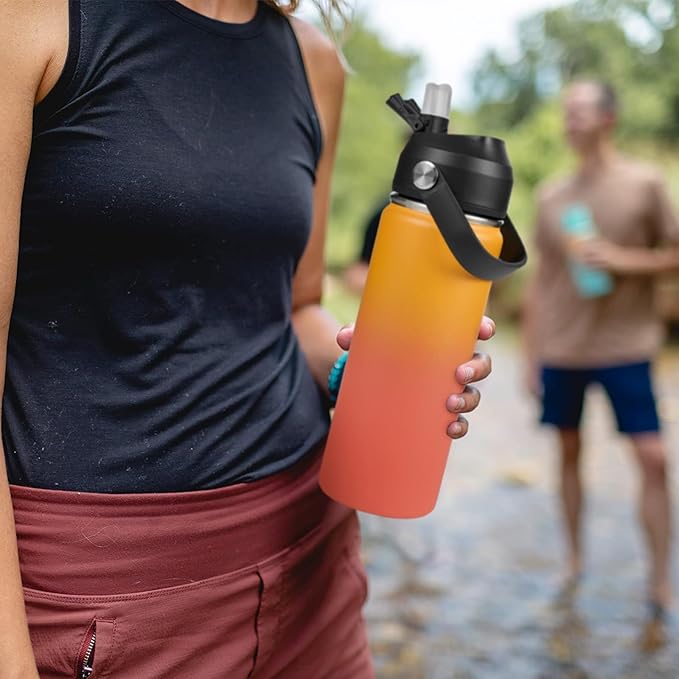 Fijinhom 24oz Insulated Stainless Steel Water Bottle, Wide Mouth Double Wall Vacuum, Silicone Straw, Sweat & Leak Proof, BPA Free Insulated Water Flask for Travel, Keep Cold 24h Hot 12h, Orange