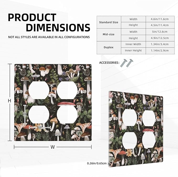 Cute Vintage Gothic Black Boho Floral Mushroom 2-Gang Device Duplex Wall Plate, Plant Fungus Forest Botany Tree Decorative Two Gang Double Duplex Receptacle Socket Outlet and Light Switch Cover Plate
