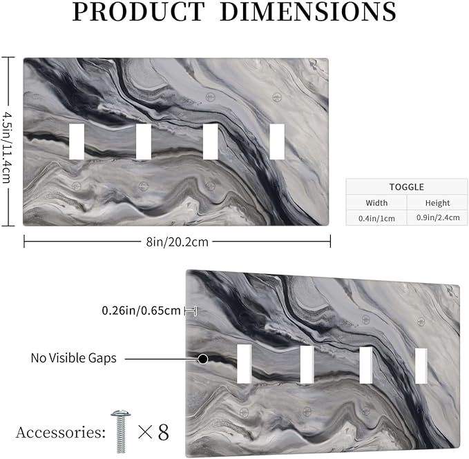 Grey And White Marble Abstract Art Print Light Switch Covers Quad Toggle Electrical Faceplate 4 Gang Wall Plate Decorative Switch Plates for Bathroom Kitchen Decor