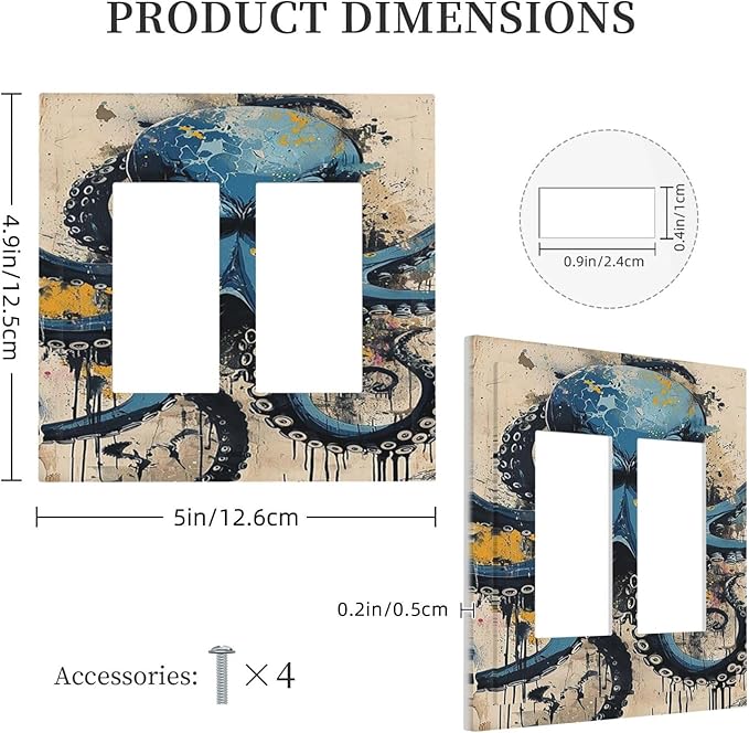 Decorative Outlet Covers Nautical Vintage Blue Octopus Yellow Eyes Oil Watercolor 2 Gang Double GFCI Rocker Electrical Wall Panels Light Switch Cover Plate for Kids room Nursery Decor