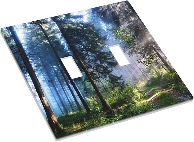 Green Landscape Forest Tree 2 Gang Double Toggle Light Switch Cover Electric Wall Plate Electrical Faceplate for Bathroom Home Living Room Jumbo Size Decor