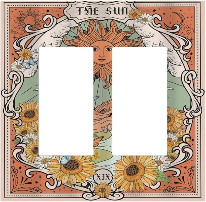 Boho Retro Sun Sunflower Vintage Flower Butterfly Decorative Outlet Covers 2 Gang Double GFCI Rocker Electrical Wall Panels Light Switch Cover Plate for Farmhouse Home Decor