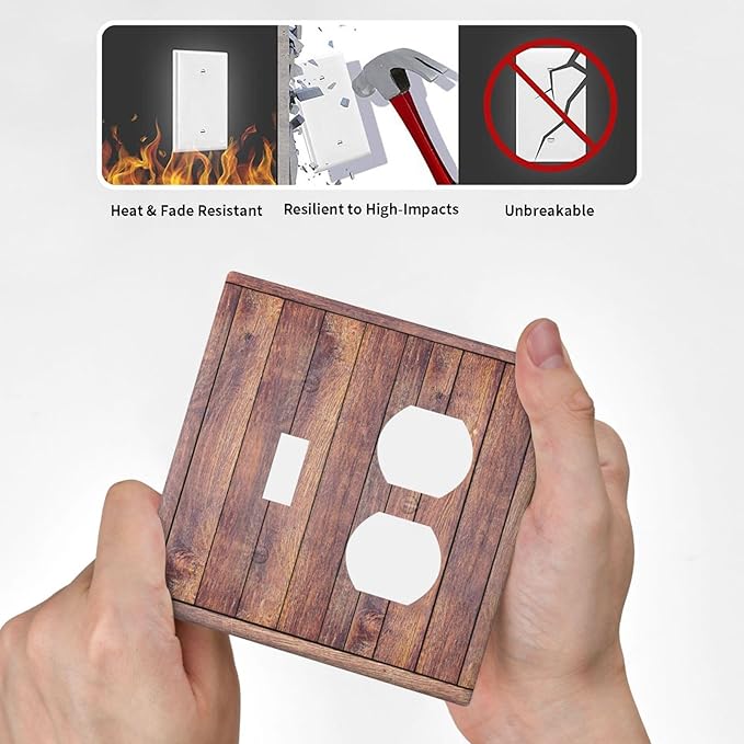 Decorative Switch Cover Plate with Wood Texture Rustic Vertical Planks Brown Design Toggle Duplex Wall Plate 2 Gang Light Switch Cover Outlet Covers Vintage Aesthetic Kitchen/Bedroom Decor