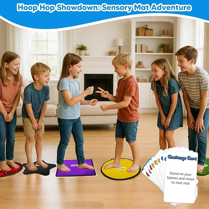Garybank Labeled Sensory Mats w/Therapy Games for Autistic Kids, 8 Pcs Texture Mats w/48 Game Cards, Autism Kids Sensory Toys, Special Education Classroom Must Haves, Sensory Tile for Calm Down Corner