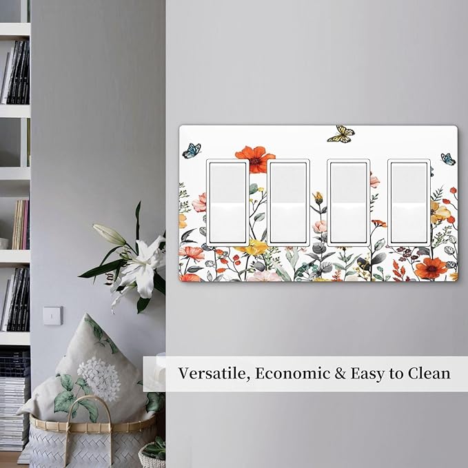 Colorful Butterfly Blossom Flower Floral 4 Gang Quad Rocker Light Switch Cover Decorative Quadruple Device GFCI/Decorator Wall Plate Electric Faceplate Screwless
