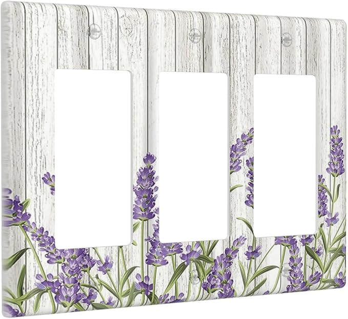 Rustic Wooden Plank Lavender 3 Gang Wall Plate Triple Rocker Light Switch Cover Decorative Switch Plates Outlet Covers Electrical GFCI Faceplate for Bedroom Bathroom Kitchen Art Decor Accessories