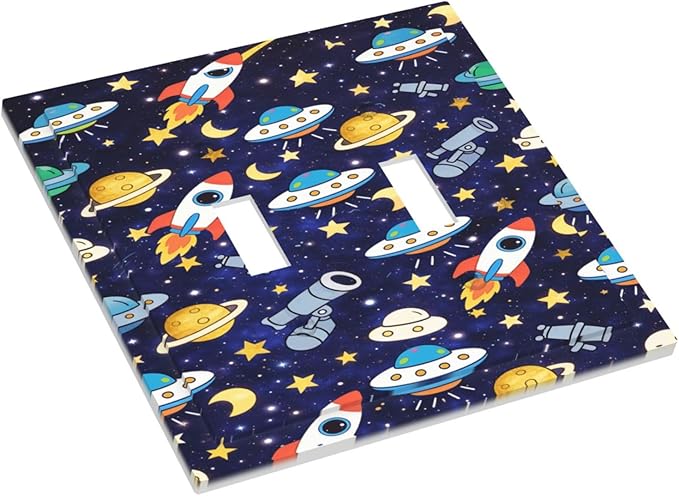 Decorative Light Switch Cover Plate Space-themed Rocket Spaceship 2 Gang Outlet Covers Double Toggle Wall Plates for Electrical Switch Plate Covers Faceplate for Children's Room Decor