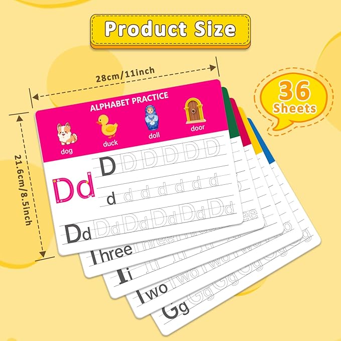 Dry Erase Alphabet & Number Practice Boards for Kids – A-Z Letters & Numbers 1-10, 18 Double-Sided Reusable Sheets (36 Pages), 11x8.5, Preschool, Kindergarten & Homeschool Writing Practice Tool