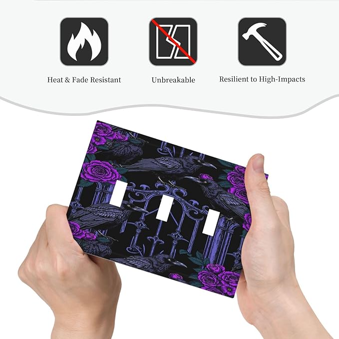 Decorative Switch Plates Gothic Style Crow Purple Flowers 3 Gang Wall Plate Faceplate Triple Toggle Light Switch Cover Electrical Wall Panels for Bedroom living Room Decor