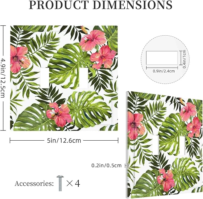 Tropical Plant Green Palm 2 Gang Light Switch Plate Decorative Double Toggle Wall Plate Banana Leaves Pink Flower Rainfores Jungle Botanical Receptacle Switchplate Decorate Home Living Room Bedroom