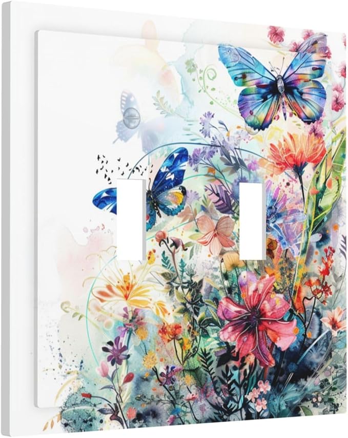 Light Switch Cover Plate Watercolor Colorful Floral Butterflies Wildflowers 2 Gang Double Toggle Decorative Switch Plates Wall Plates Electrical Faceplate for Bathroom Bedroom Decor