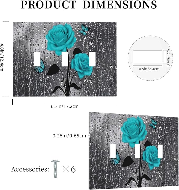 Romantic Elegant Butterfly Turquoise Teal Blue Gray Rose Flower Floral Triple Toggle Decorator Outlet Light Switch Wall Plate Cover Decorative 3 Gang Jumbo Size Three Device Receptacle Faceplate Cover
