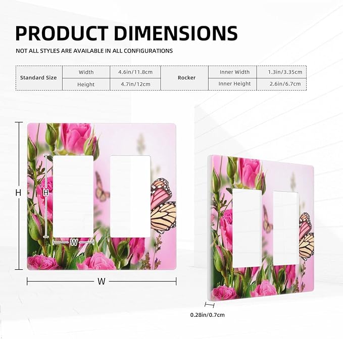 Pink Flower Butterfly 2 Gang Double Rocker/Decor Light Switch Cover Decorative Outlet Wall Plate Electrical Faceplate Spring Floral Plant Pink Green Home Bedroom Art Panel Decor Screwless 4.7" x 4.6