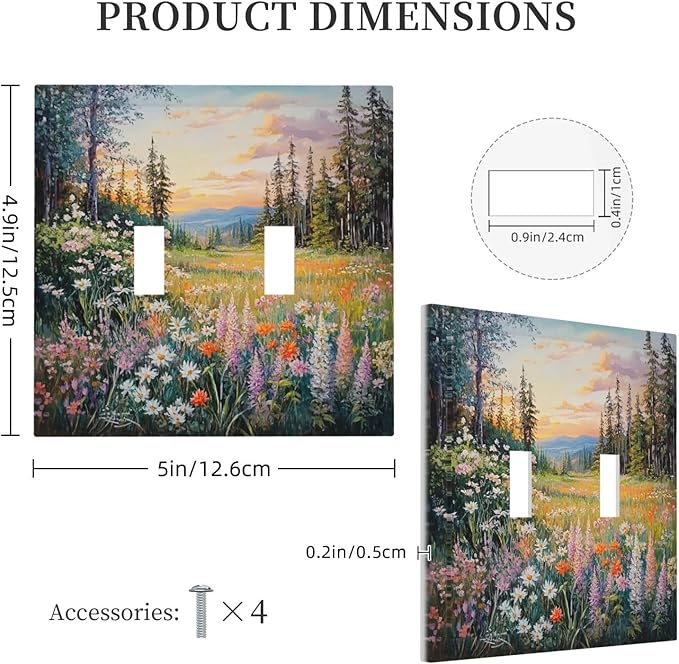 Decorative Switch Plates Floral Landscape Rustic Nature Wildflower 2 Gang Double Toggle Outlet Light Switch Cover Wall Plate Electrical Faceplate For Bed Room Living Room Decor